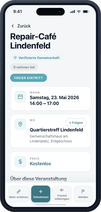 Close app screen with event details and participation